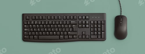 Preview: Computer black keyboard and mouse on green background. Top view. Flat lay.