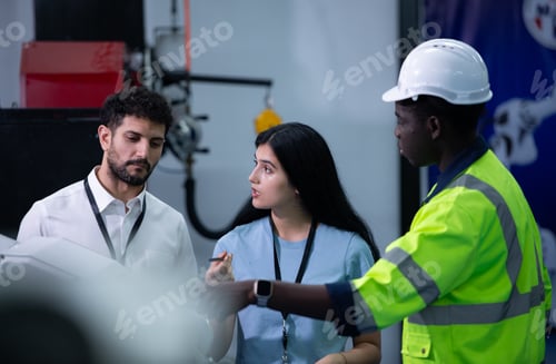 Preview: Technicians are introducing industrial hand robots to businessperson of factory industry