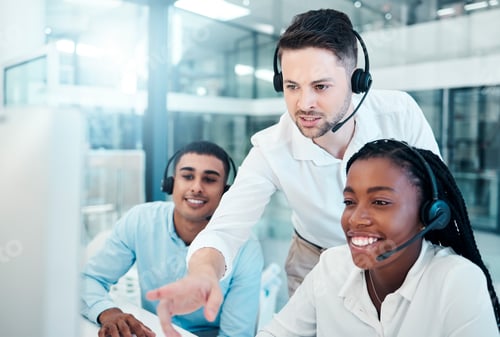 Preview: Telemarketing team, training and customer service leader coaching consultation in office. Crm consu