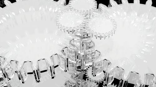 Preview: Fast rotating monochrome metallic gears or cogs, machinery background. Design. 3D spinning mechanism