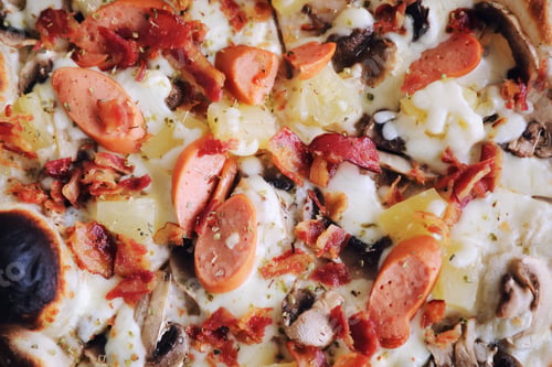 Preview: Pizza Sausage Bacon And Pineapple On Wooden , Pizza Hawaiian