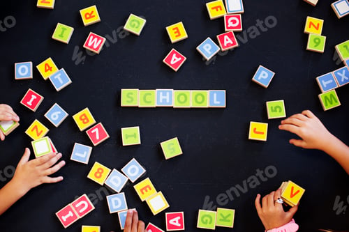 Preview: Kindergarten kids playing wooden alphabets letters vocabulary ga
