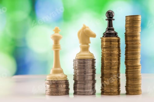Preview: Growing coins stacks with green and blue sparkling bokeh background.