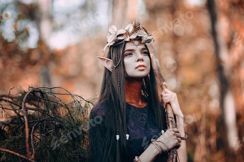 Preview: beautiful elf woman fabulous, fairy forest, famtasy young woman with long ears, long dark hair