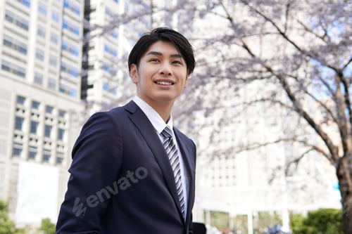 Preview: A smiling Japanese businessman stands against a backdrop of cherry blossoms in an office district.