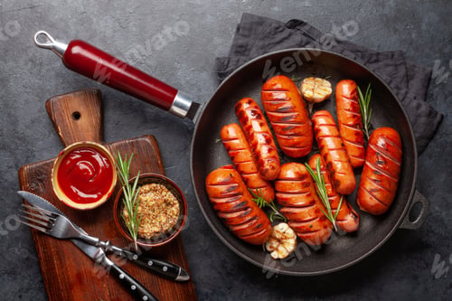 Preview: Hot grilled sausages in a frying pan