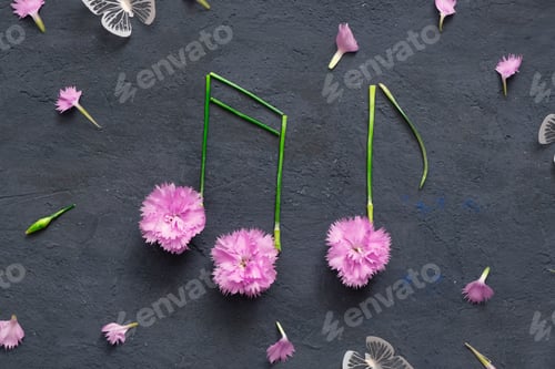 Visualização: Notas musicais feitas de flores e caules em fundo escuro. Conceito criativo musical