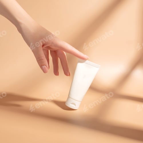 Preview: Woman's hand touches a mockup of white tube of cream. Unlabeled packaging for cosmetics in sunlight