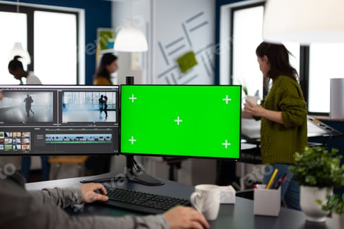Preview: Video editor using computer with chroma key, mock up isolated display