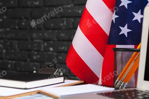 Preview: 4th of July American Independence Day USA flags decorations in office desk with computer