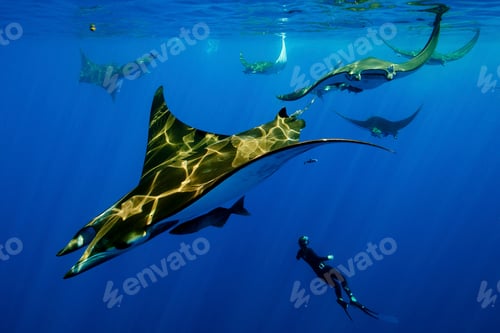 Preview: Diver swimming with manta rays