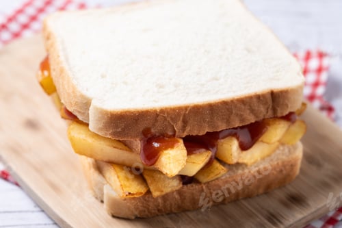 Preview: Traditional British chip butty (french fry sandwich) on wooden table