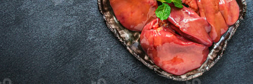 Preview: Raw Chicken Liver (Healthy Eating) Keto Or Paleo Diet Menu Concept Background. Top View. Copy