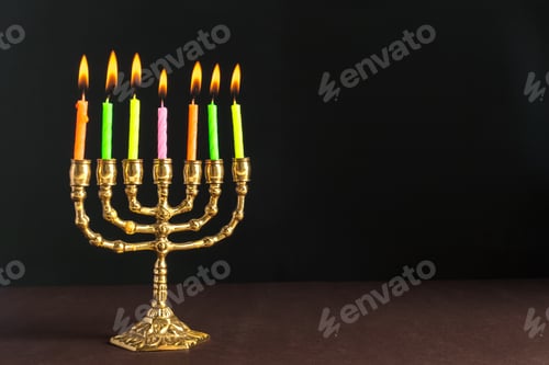 Preview: Bronze Hanukkah menorah with burning candles