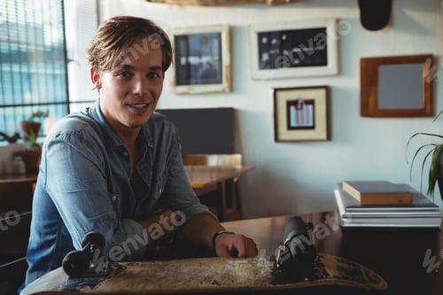 Preview: Man sitting at wooden desk near window, holding skateboard deck and browsing through stack of books
