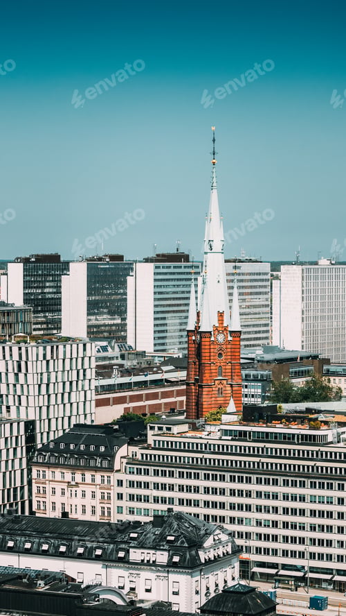 Preview: Stockholm, Sweden. Elevated View Of St. Clara Or Saint Klara Church In Summer Sunny Modern Cityscape