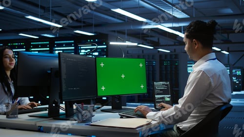 Preview: Engineer in data center monitoring security threats using mockup computer