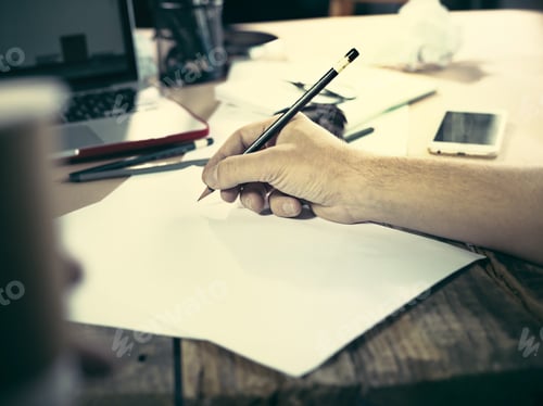 Preview: Vintage Hipster Wooden Desktop Side View, Male Hands With Cup And Holding A Pencil