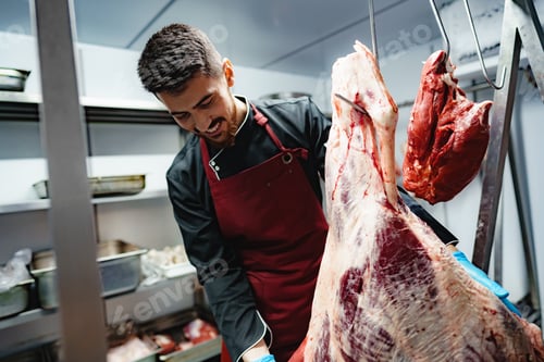 Preview: Male butcher standing by meat hanging on hook in meat shop