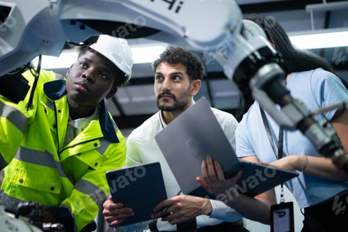 Preview: Technicians are introducing industrial hand robots to businessperson of factory industry