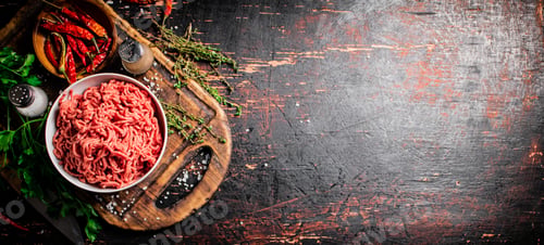 Preview: Minced meat in a bowl on a cutting board with sprigs of thyme.