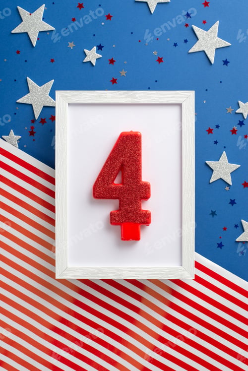 Preview: Patriotic congratulations on Independence Day. Vertical top view symbolic decorations unfolds