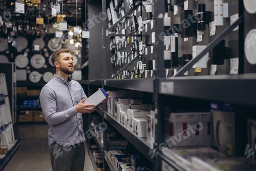 Preview: Man shopping for lighting fixtures in a hardware store, selecting a product for home improvement