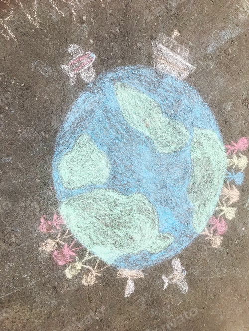 Preview: chalk drawing on the asphalt drawing of the globe and people