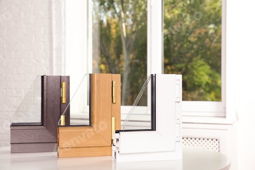 Preview: Samples of modern window profiles on table indoors. Installation service