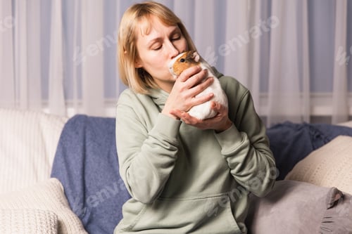Preview: Cute guinea pig in the woman's arms, in a cozy home interior, human and animal concept