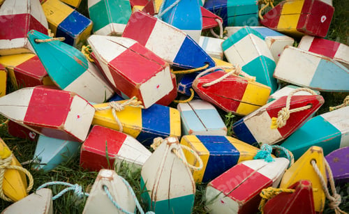 Preview: Colorful wooden fishing buoys