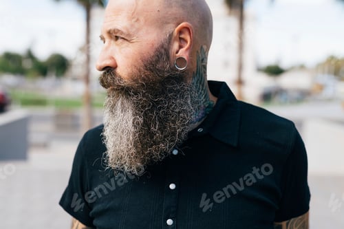 Preview: Stylish bearded man enjoying a moment outdoors