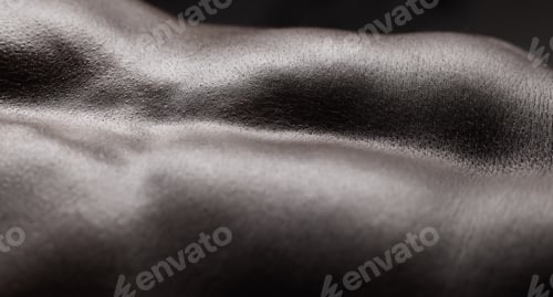 Preview: Fitness, black man and muscle and closeup in studio for wellness, stomach and body on dark backgrou