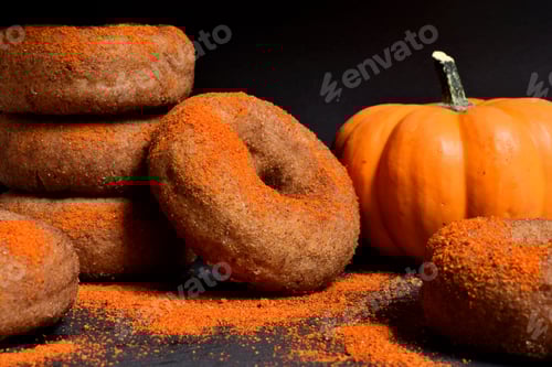 Preview: Doughnuts and Pumpkin on Dark Background