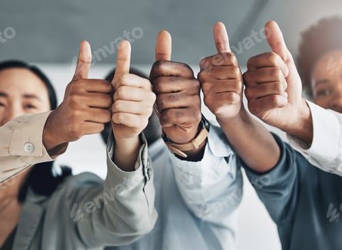 Preview: Hands together, thumbs up and diversity, team and business people, solidarity and agreement with un