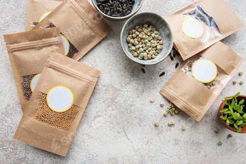 Preview: Microgreen seeds in paper bags and equipment for sowing microgreens.