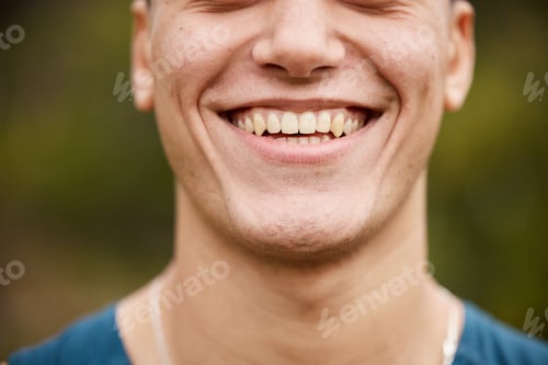 Preview: Closeup, smile and mouth of a man on bokeh for oral hygiene, tooth cleaning and dentistry. Happy, f