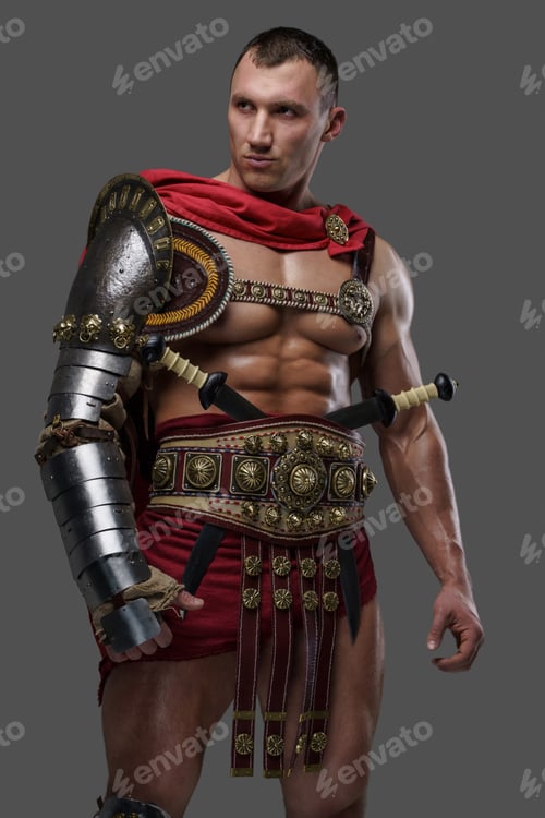 Preview: Roman gladiator champion with red cape against grey background