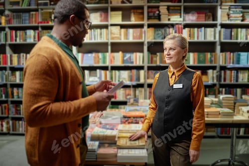 Preview: Middle Aged Caucasian Woman Assisting Young Black Man in Bookstore