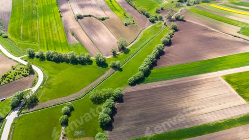 Preview: Curvy countryside road in Ponidzie region of Poland. Aerial drone view