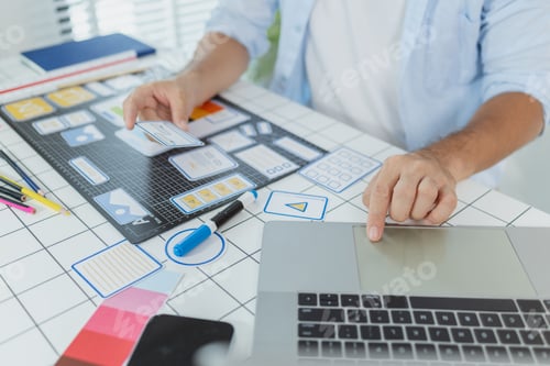 Preview: A male designer focused on UX UI tasks, creating app prototypes with wireframes