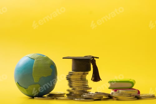 Preview: Graduated cap with coins and globe on yellow background. Savings for education concept