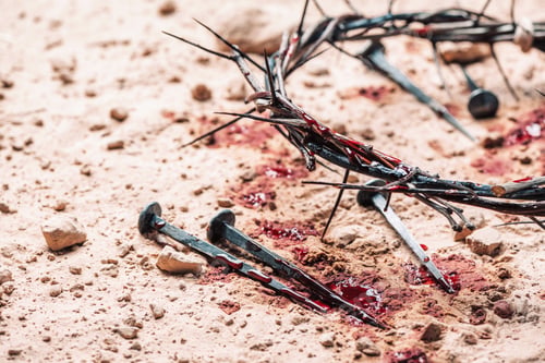 Preview: Crown of thorns and bloody nails on ground. Good Friday, Passion of Jesus Christ. Christian Easter