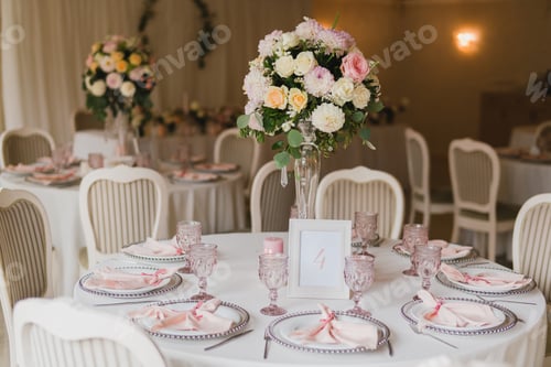 Preview: Coziness and style. Modern event design. Table setting at wedding reception.