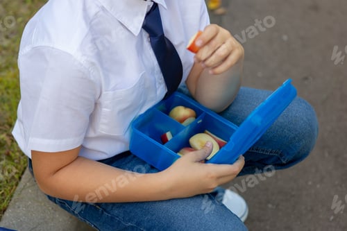 Preview: Schoolboy in white shirt with blue tie holding blue lunch box with apples. No face. Close up