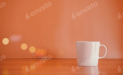 Preview: Pink ceramic coffee cup on wood table with brown background