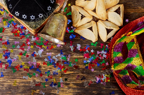 Preview: Traditional jewish carnival holiday Purim celebration and cookies hamans ears, and mask, kippa