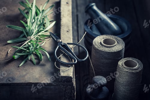 Preview: Closeup of fresh and green rosemary on wooden box