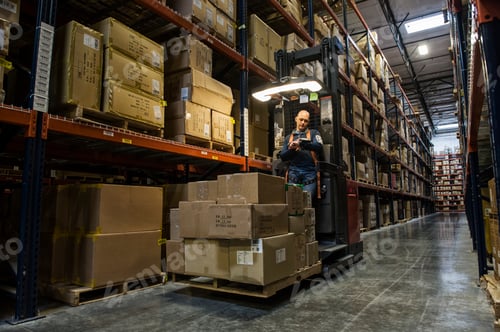 Preview: Warehouse worker wearing a safety harness while opeating a motorized stock picker in an aisle