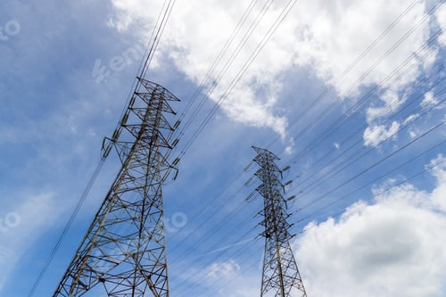 Preview: Pylon and high voltage powerline over the blue sky